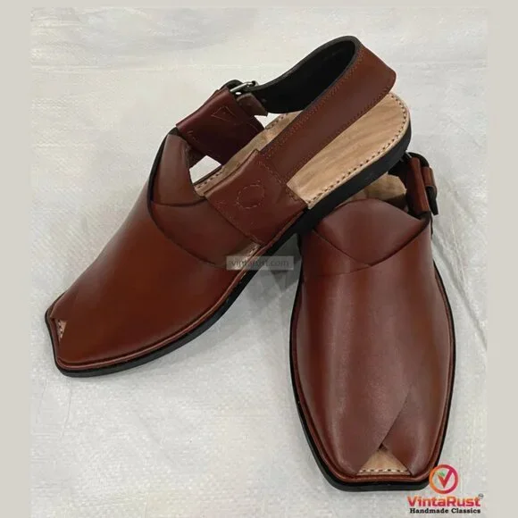 Men’s Brown Leather Peshawari Sandals: Comfortable Casual Footwear Dark Brown Leather Peshawari Chappal, Traditional Unique  main image 3